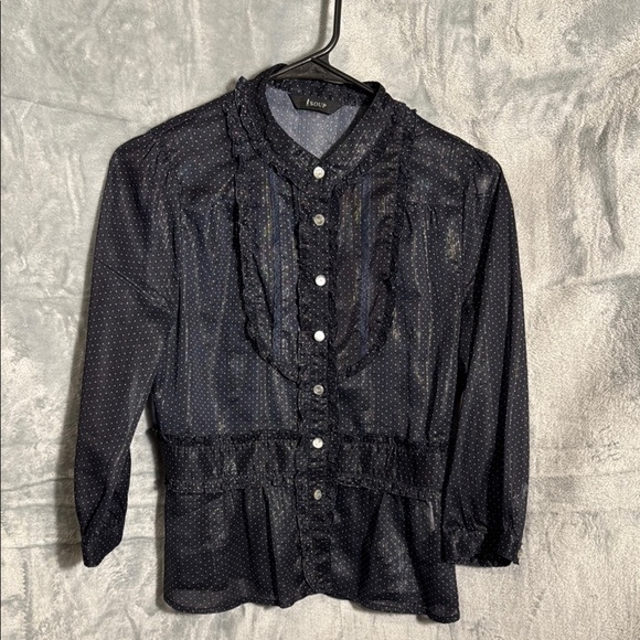 Soup Blue Polka Dot Blouse size‎ s/m  3/4 sleeves  ruffles many style details - Picture 1 of 14